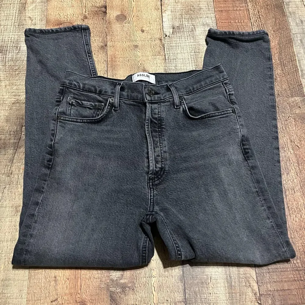 Agolde Women's Black Wash Denim Nico Crop Jeans Sz 26 Button Fly Closet Staple